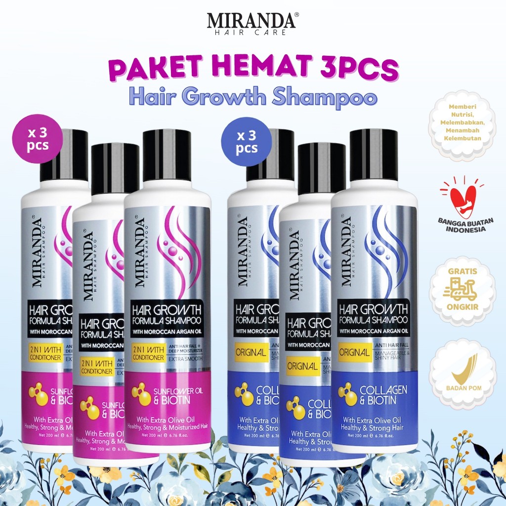 [PAKET 3PCS] MIRANDA Hair Growth Biotin Shampoo (Perawatan Rambut Rontok) Collagen Original | 2in1 W