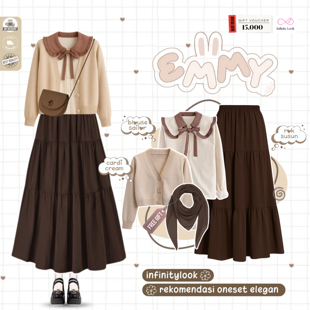 Emmy  One Set Korean Look 4 In 1 ( Bella Square + Blouse + Cardigan + Rok) Outfit Cewe Kece - LP 194