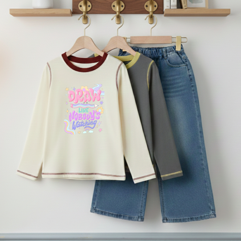 Setelan Anak Longsleeve Katun Model Kasual Motif Draw Like Nobody’s Watching Atasan Lengan Panjang C