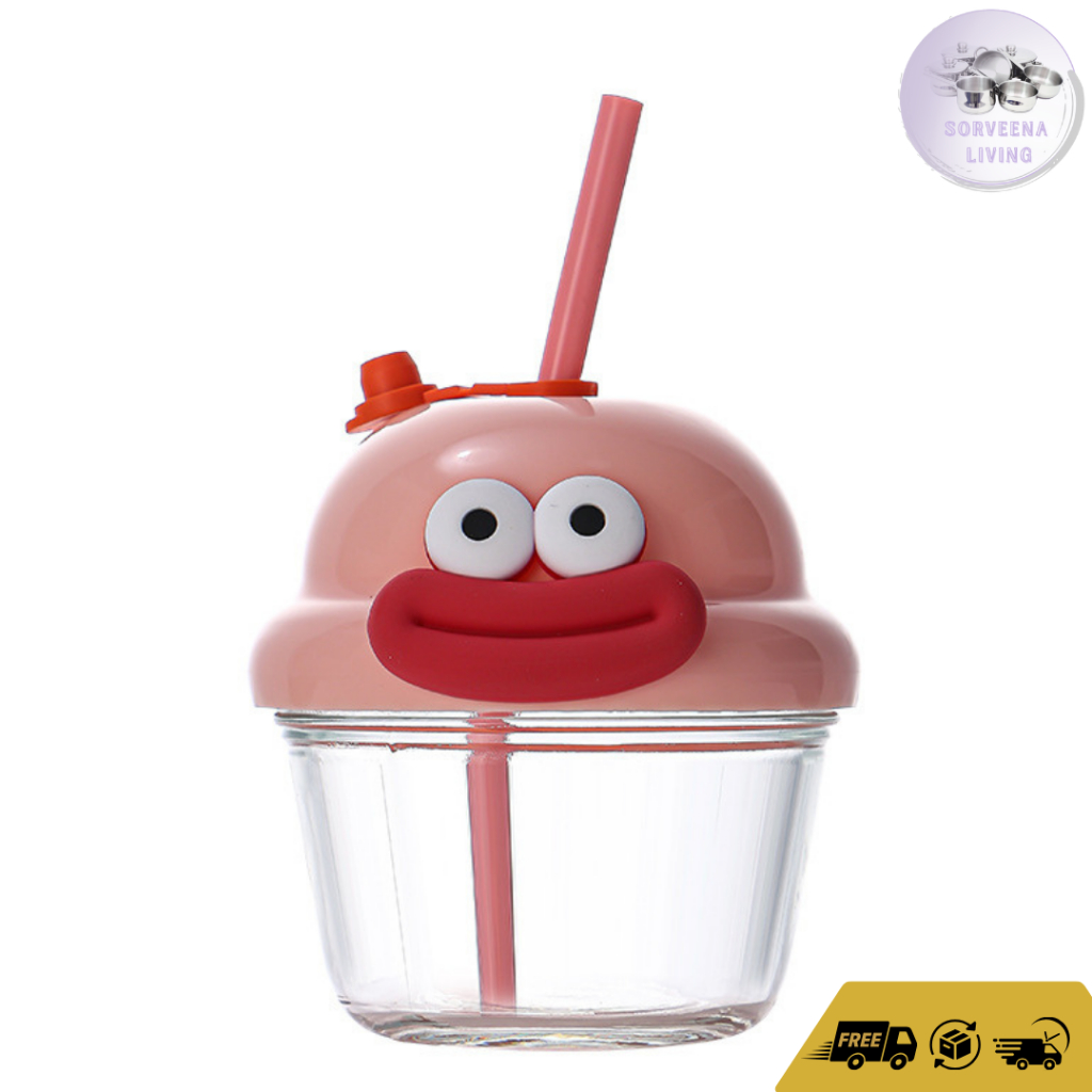 Gelas Kaca Tutup Gelas Kecil Kaca Minum Anak Anti Tumpah Karakter Lucu GWB03-210