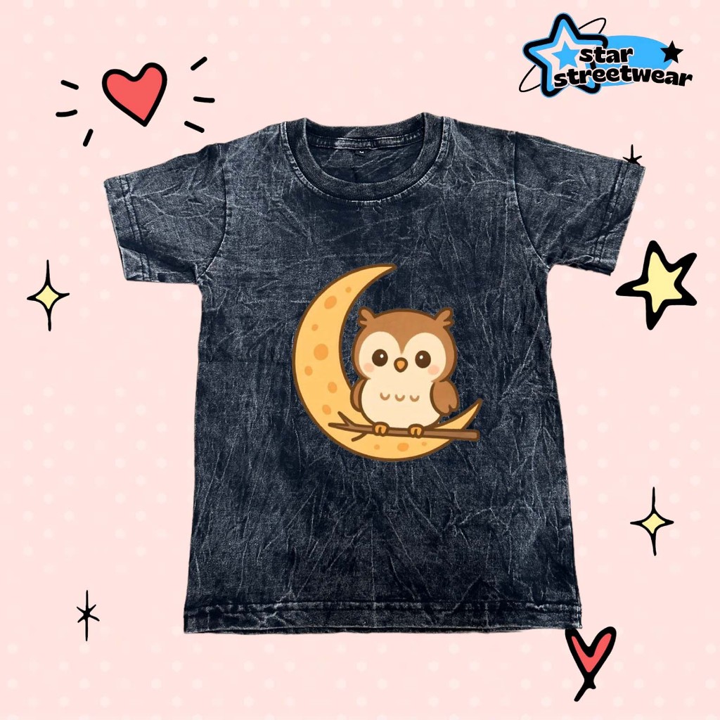 [FREE NAMA] Baju Kaos Anak Washed Warna Motif BURUNG HANTU Bahan Premium UNISEX
