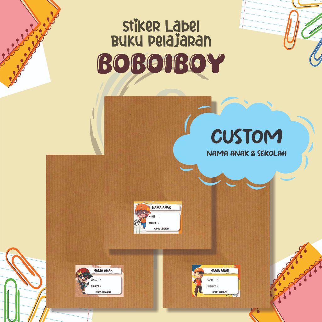 ( 30pcs ) Stiker Label Buku Pelajaran TEMA BOBOIBOY / Stiker Mapel Sekolah / Stiker Custom Nama Anak