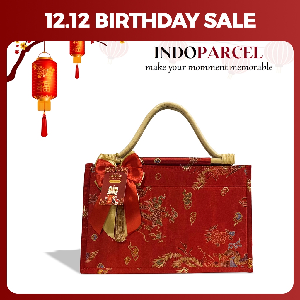 INDOPARCEL - Tas Hampers Imlek Kain Cheongsam Handle Rotan Bungkus Kemasan Tas Kado Goodie Bag