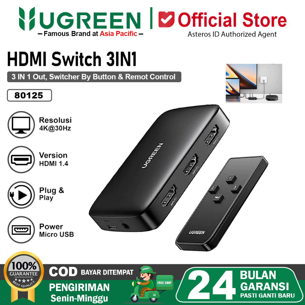 UGREEN HDMI Switcher 3 in 1 Out 4K/3D with Remote 80125