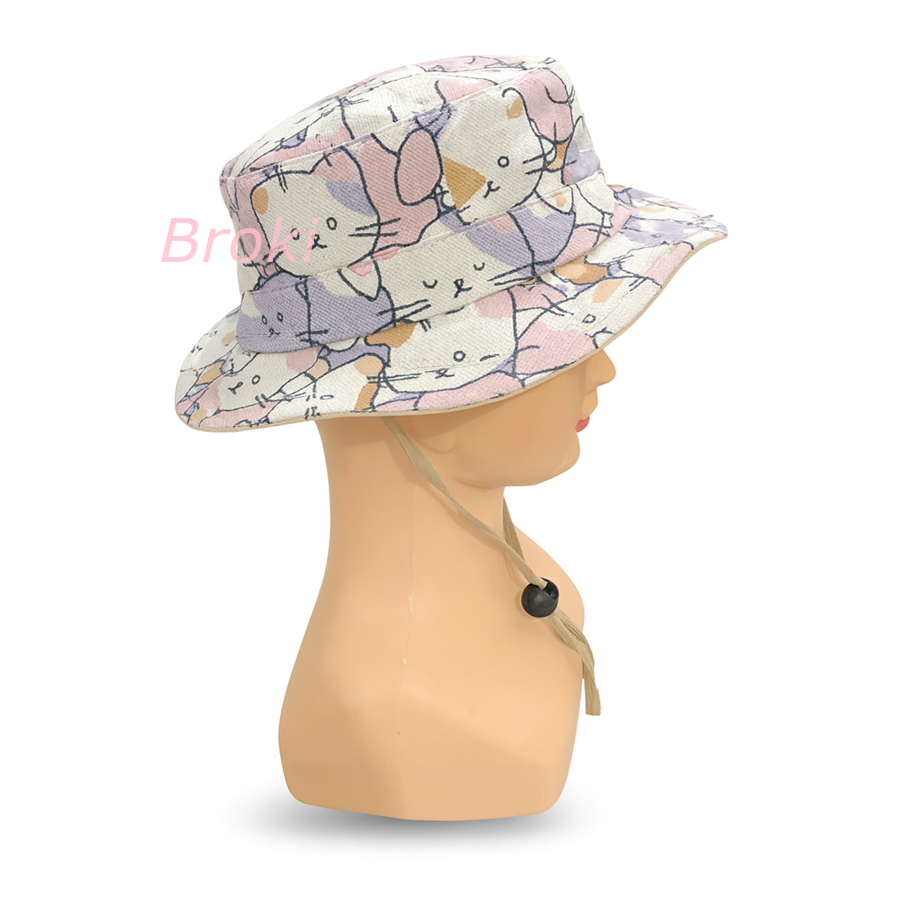 topi rimba anak bayi ada tali bahan kanvas tebal 1 - 4 tahun motif kucing bucket hat