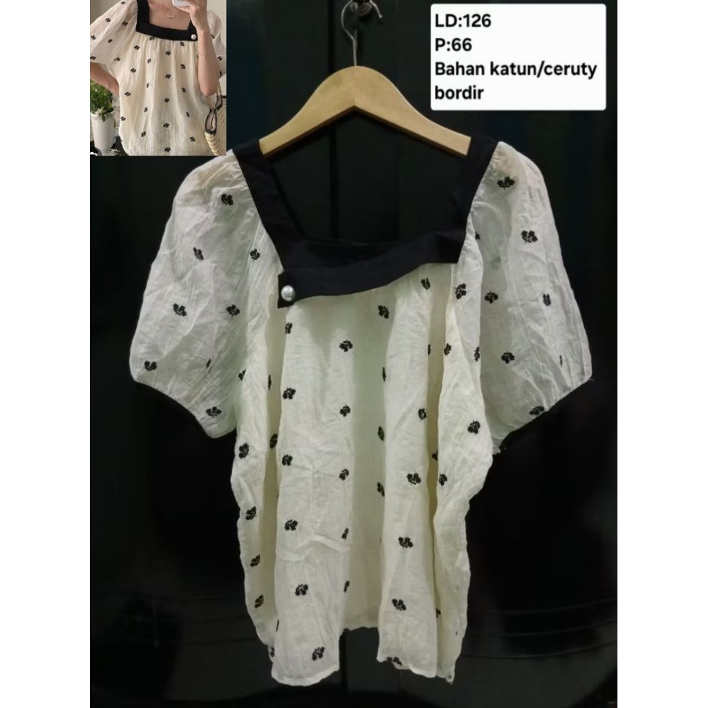 (COD)Atasan blouse bordir lengan balon square neck wanita warna BW/putih motif bunga-bunga