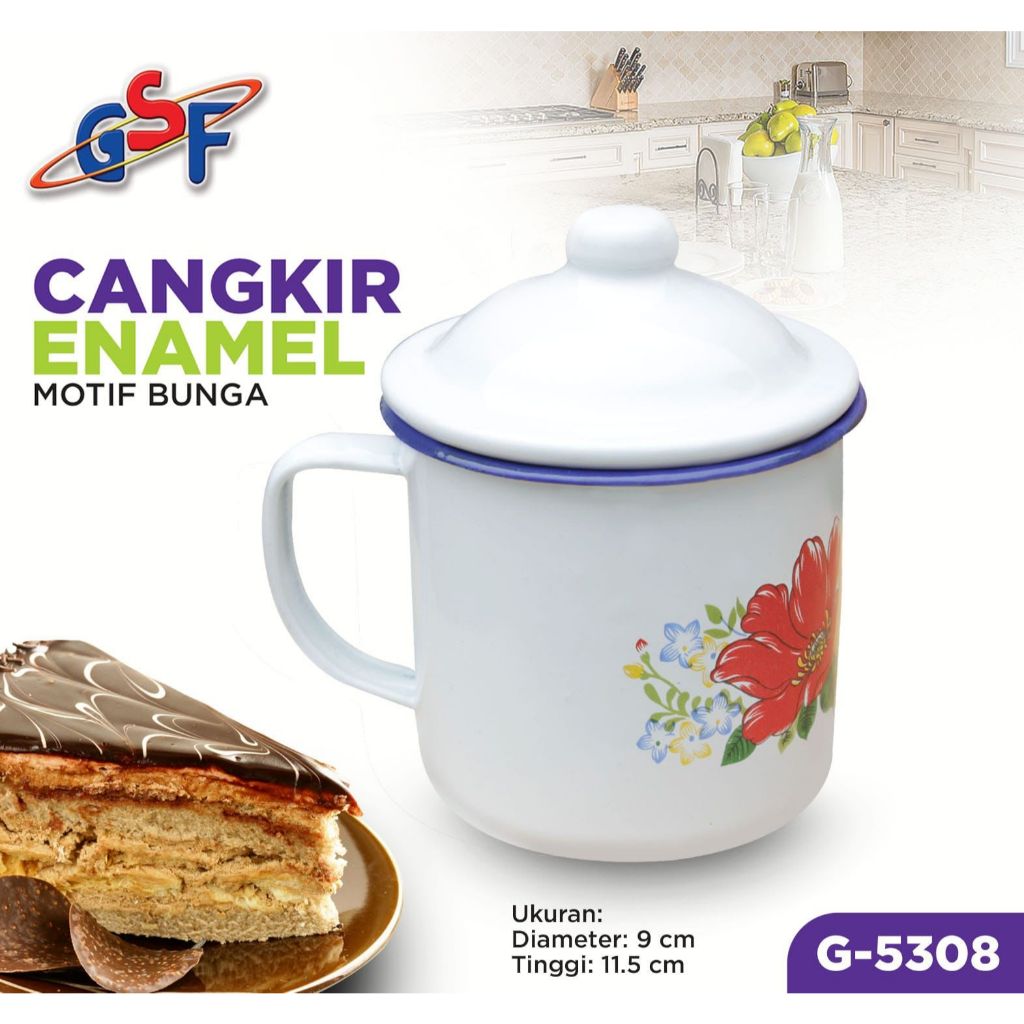 Cangkir Jadul Kaleng Gelas Enamel MOTIF Cangkir Seng Gelas MUG + Tutup Tebal