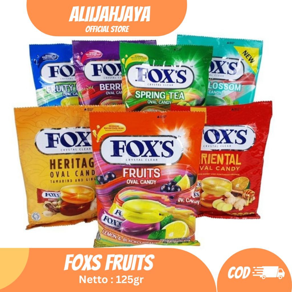 Fox's Permen Fox Oval Candy Crystal - Netto 125gr, Permen Bening Kristal Bebas Gula, Rasa Fruits & B