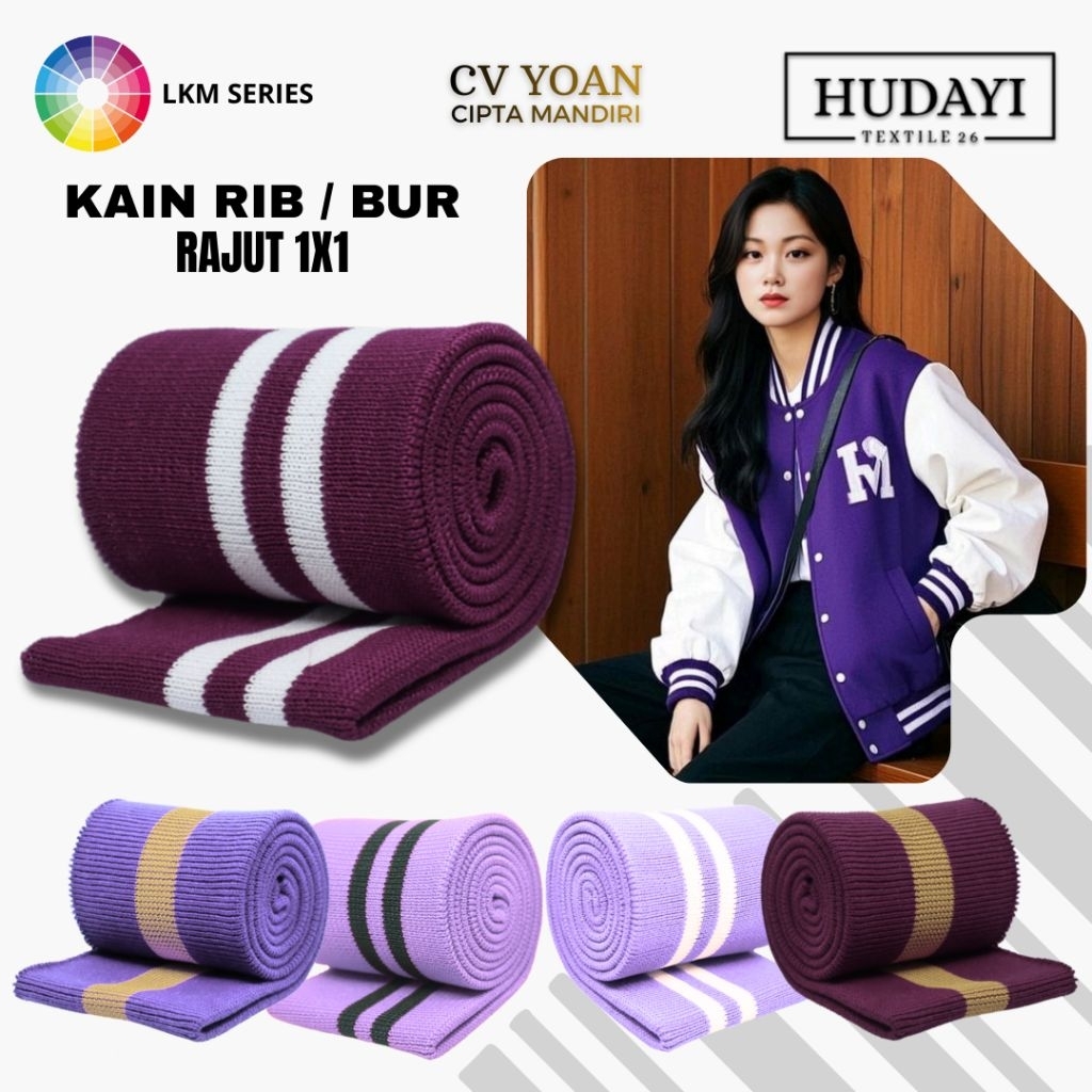 Kain Rib Bur Jaket Polyester Ungu Burgundy Lavender Lilac Polos Strip Rajut 1x1 Premium