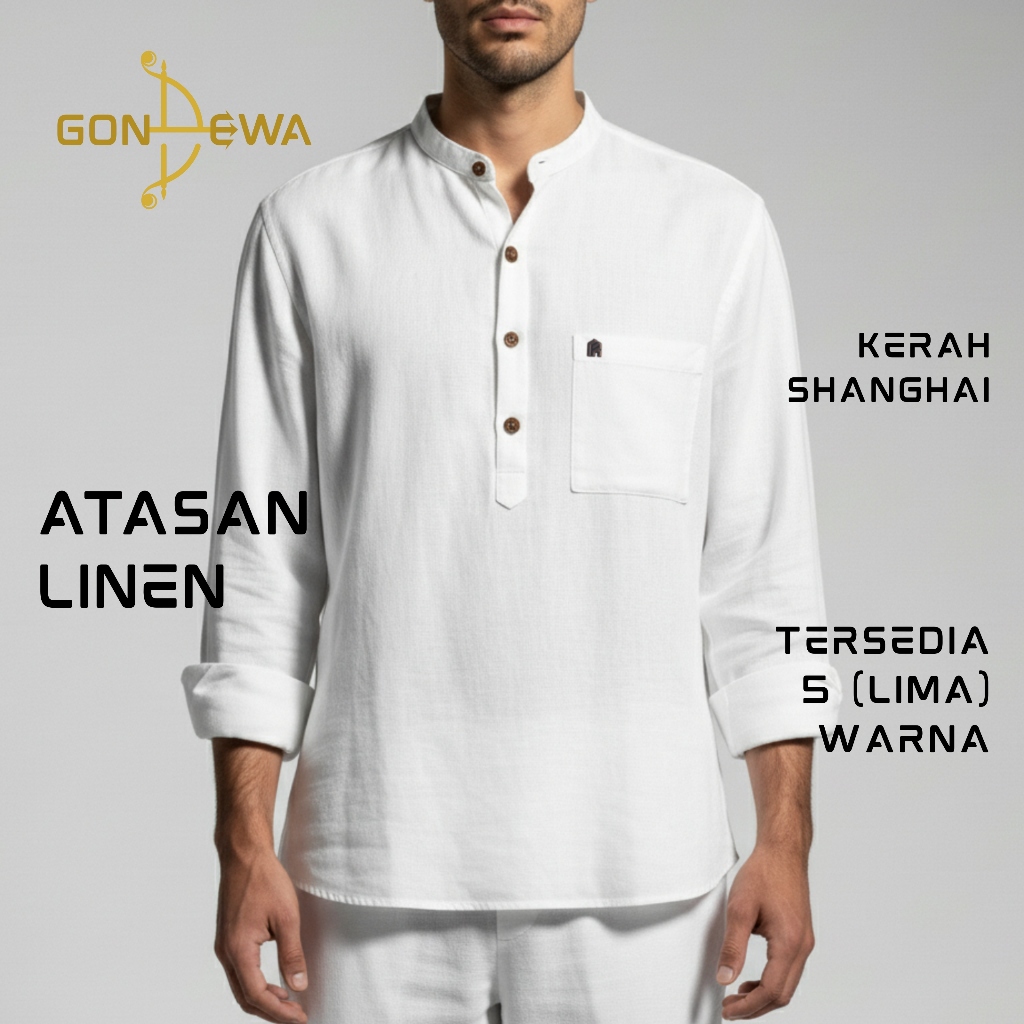 Atasan Linen Pria, Kemeja Kasual Lengan Panjang Big Size, Kancing Setengah Badan - Kaliman Series