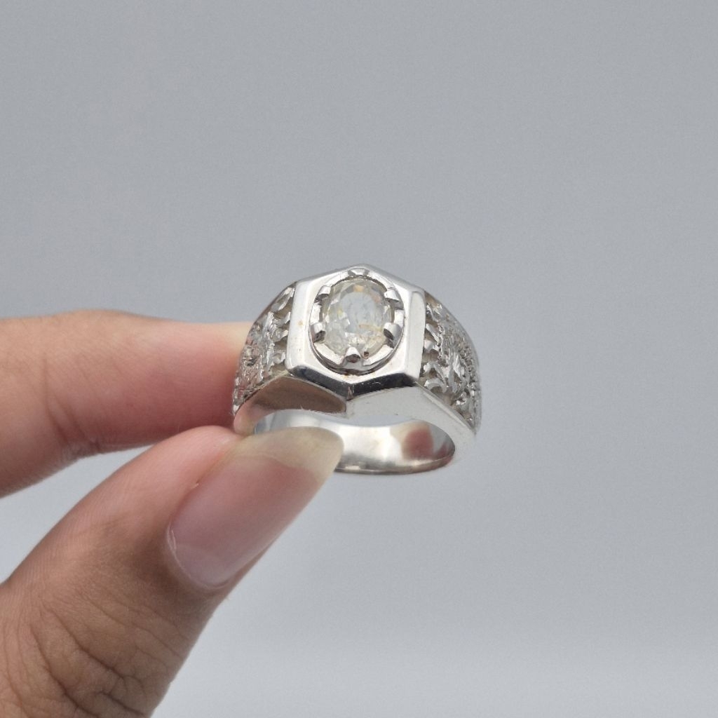 Cincin perak batu Natural White Sapphire No Heat, ukuran jari bisa disesuaikan (freesize), natural w
