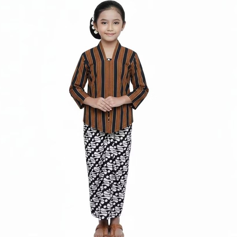 Setelan Baju adat Anak Cewek / Baju Lurik dan Bawahan Rok Putih