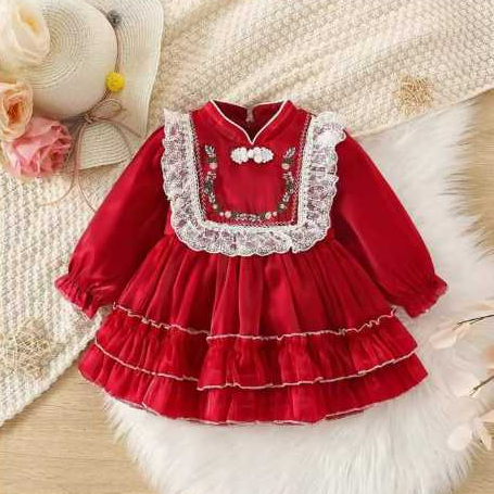 Baju dress merah anak perempuan untuk imlek model renda putih cantik
