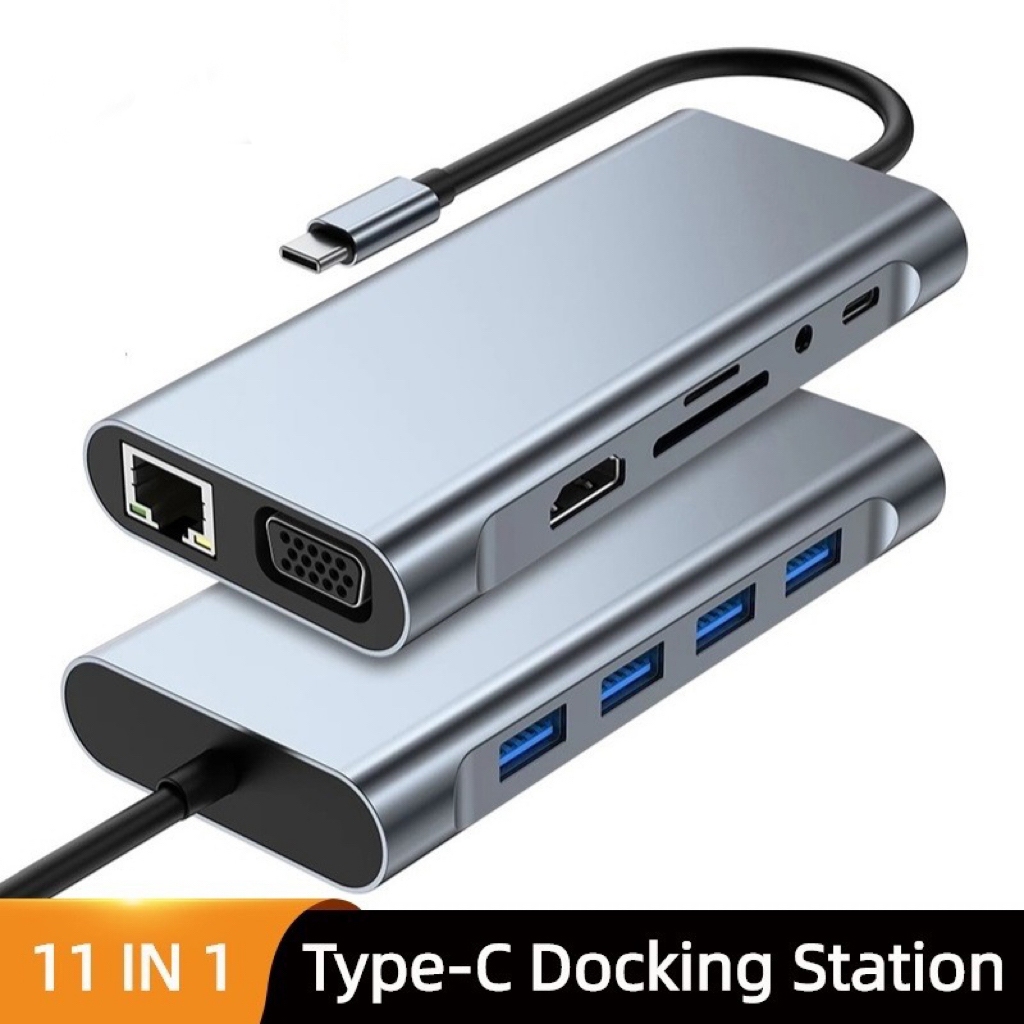 USB C Hub 11-in-1 Adapter with RJ45 Connector, VGA and DisplayPort to HDMI for Laptop