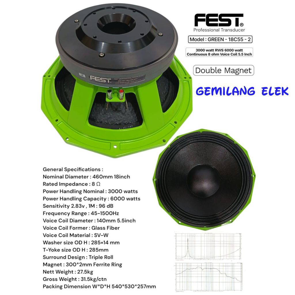 Speaker Komponen FEST GREEN 18C55-2 Coil 5,5 inch Double Magnet 18 inch Original