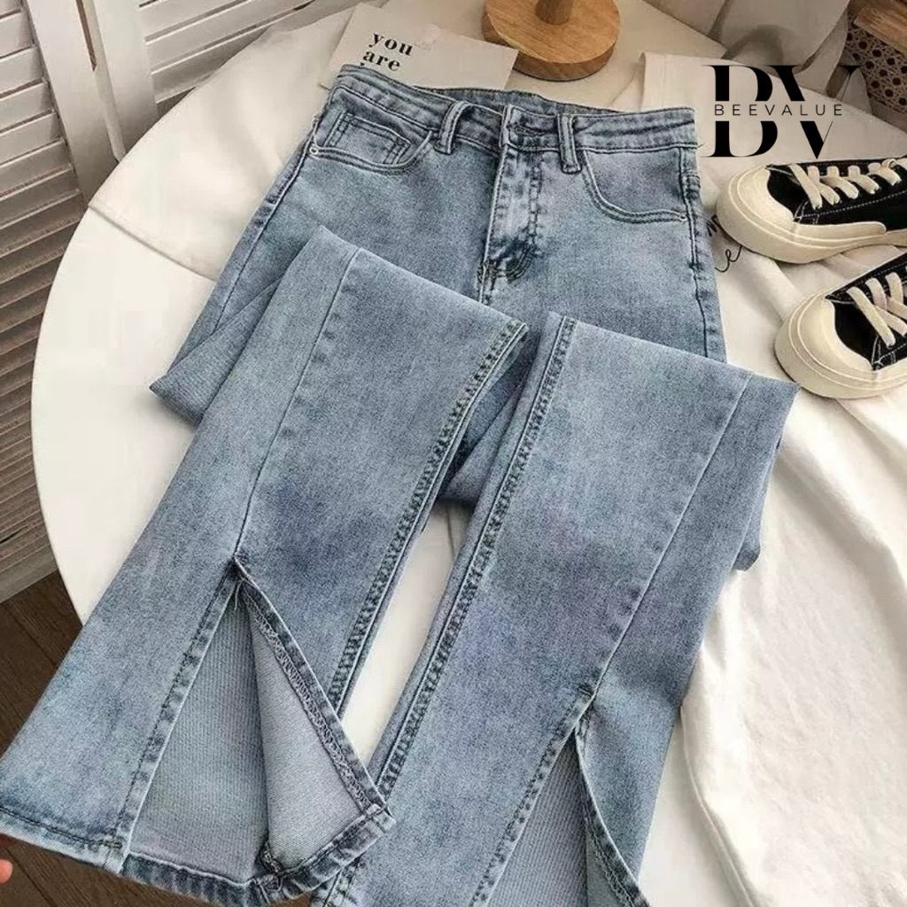 [Beevalue] Celana Jeans Panjang Wanita Highwaist BootCut / CutBray Stretch Ngaret Motif Belah Depan 