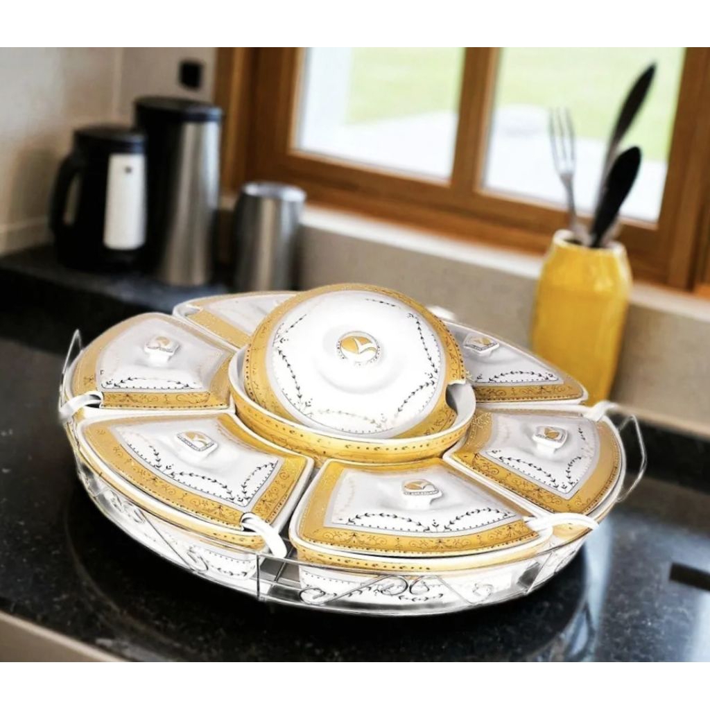 Wadah saji set Vicenza B412, prasmanan besar Padi dilengkapi penutup wadah makanan, 7 sendok serta r