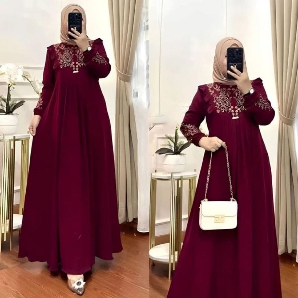 Gamis terbaru 2026 crinkle bordir gold Ld 115 dan 135 super jumbo gamis mewah L dan XXL