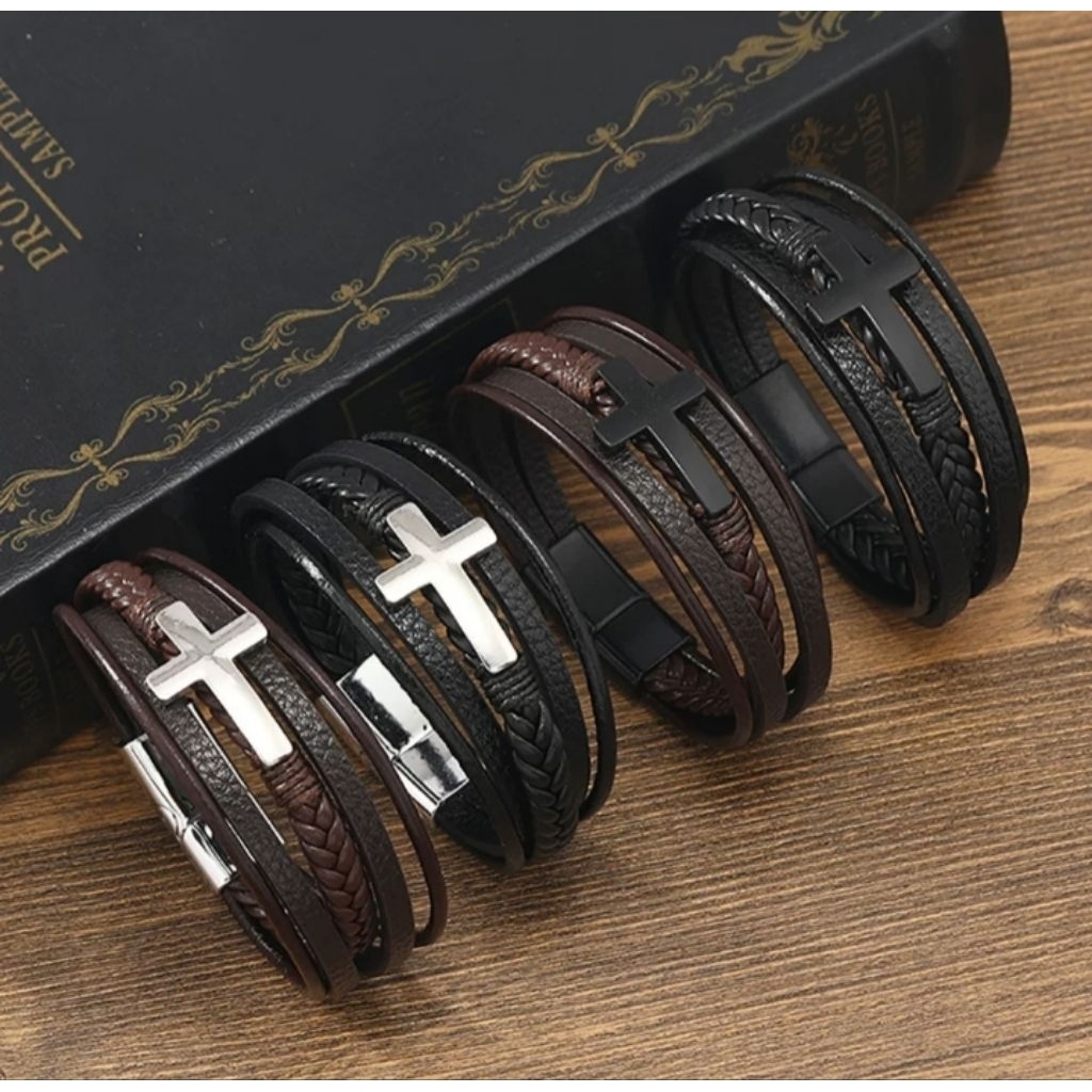 Gelang Kulit Pria Stainless Steel Salib / Gelang Kulit Pria Stainless Steel Polos