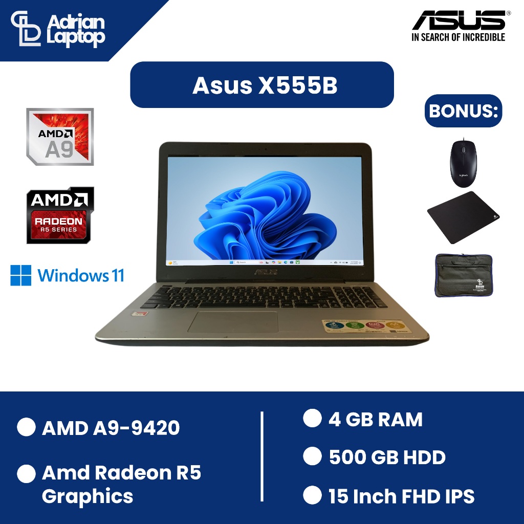 Laptop Second Asus Vivobook X555B | Amd A9-9420 RAM 4GB HDD 500 GB Layar 14 Inch | Mulus & Bergarans