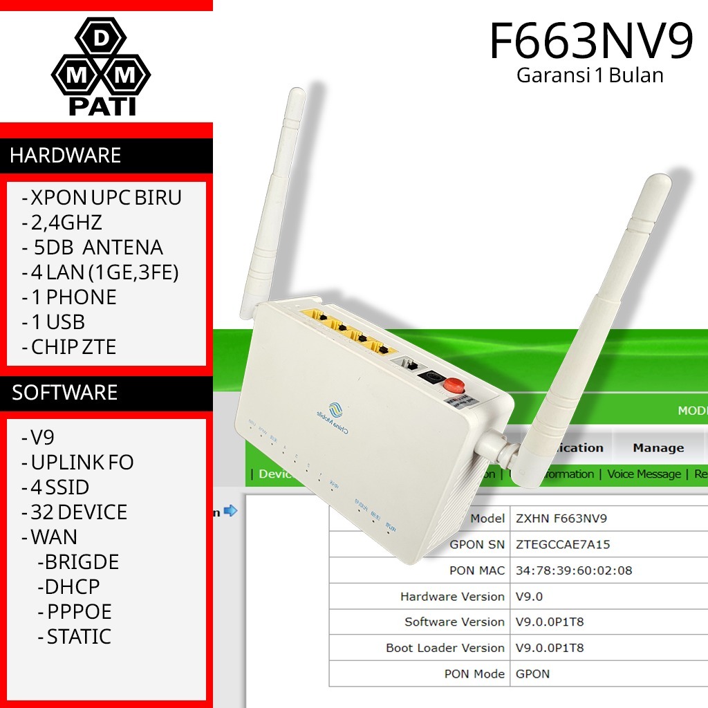 F663NV9 Xpon modem router fiber optik mdm fiber pati