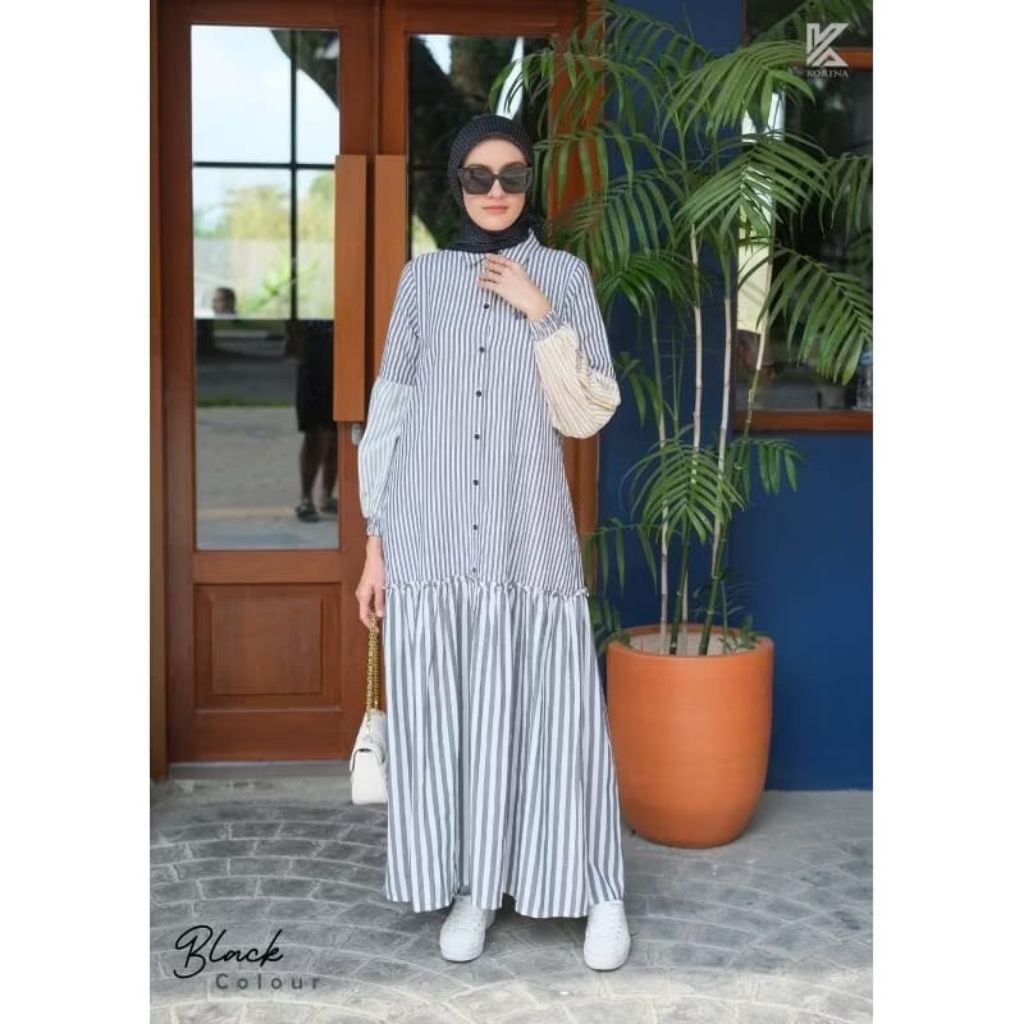 Ready terbaru Stripe Dress black by Korina ORI kekinian