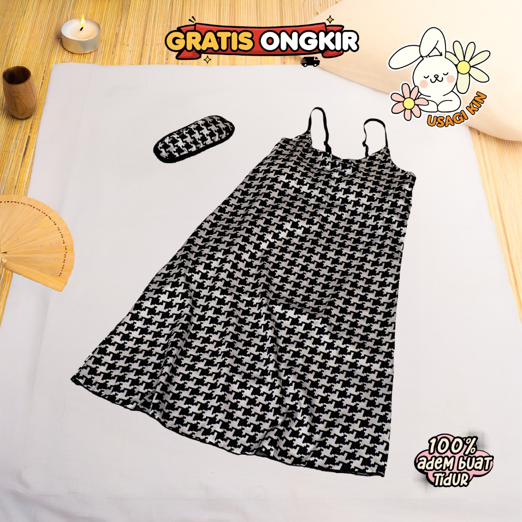 Daster Wanita Satin Motif Kotak Hitam Putih Import – Nightdress Sexy Dress Tidur Perempuan Spaghetti