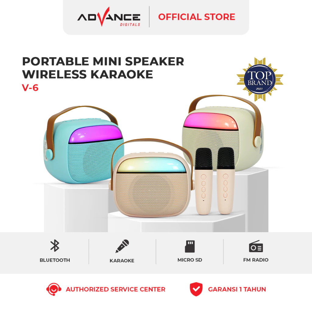 Advance V6 Speaker Mini Bluetooth Portable Karaoke With 2 Mic RGB Hi-Fi Sound Microphone Wireless Ga
