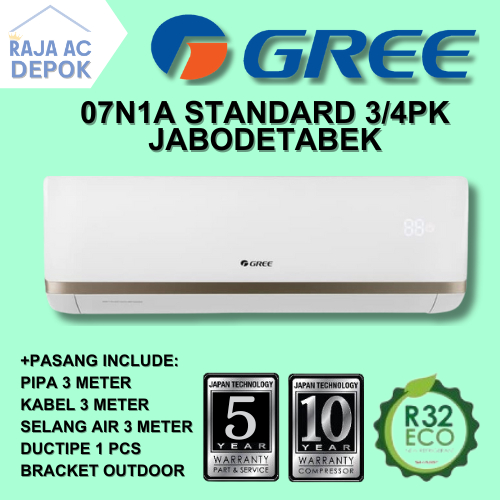 AC Gree 3/4 PK 07N1A STANDARD FREE PASANG + AKSESORIS Raja AC Depok