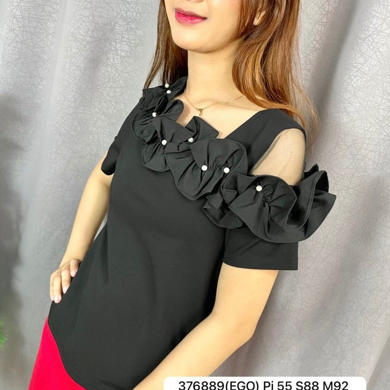 376889 | ATASAN KAOS KOMBINASI TILE PREMIUM STRETCH LENGAN PENDEK MOTIF BUNGA 3D MERAH HITAM