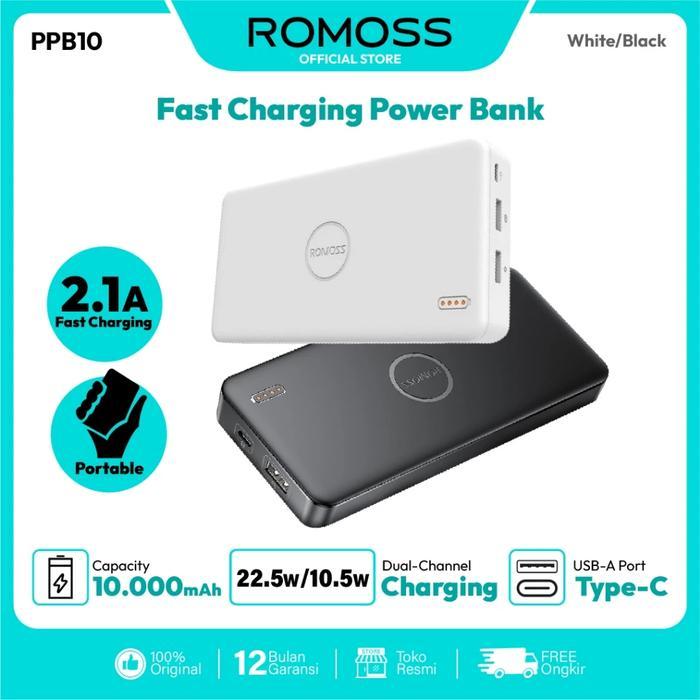 ROMOSS Power Bank PPB10 Type C 10000 mAh Input Output Fast Charging Kapasitas Besar & Tipe C untuk P