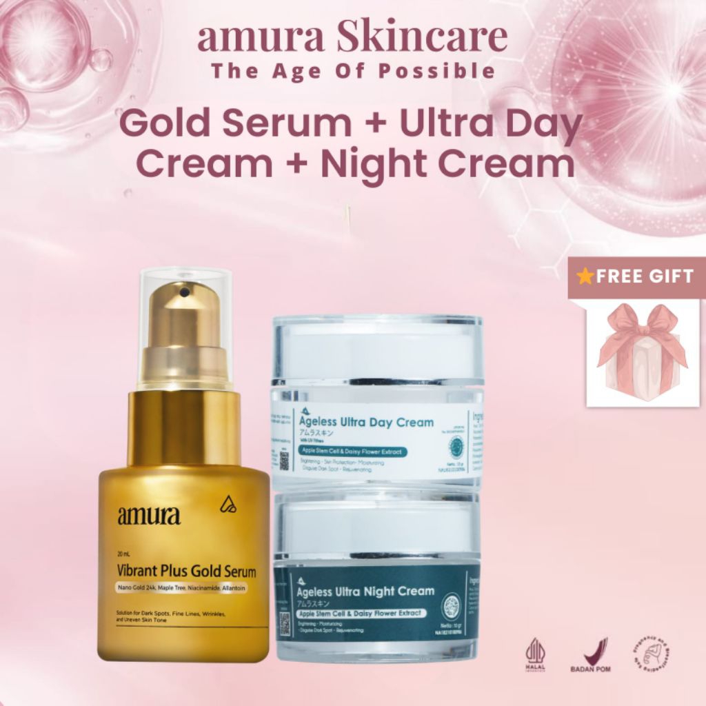 Amura Anti Flek & Pro-Age Set | Gold Serum + Ageless Ultra Day Cream + Ageless Ultra Night Cream