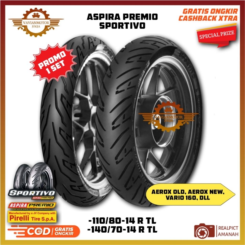 Ban Aspira Premio Sportivo 1 Set 110/80-14 & 140/70-14 Ring 14 Model Donat Depan Belakang Bisa untuk