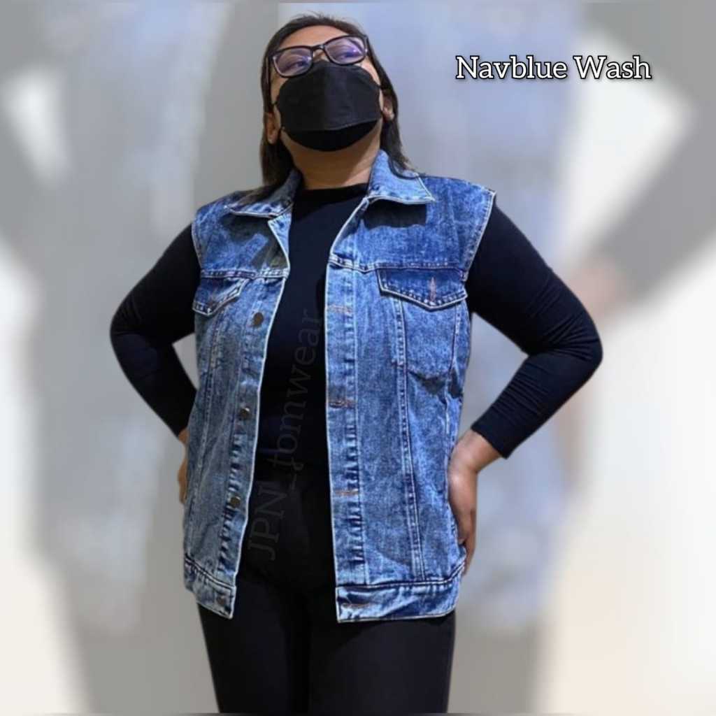 Rompi Jeans Wanita Vest Denim Jaket Casual Cewek Tanpa Lengan Navy Washed