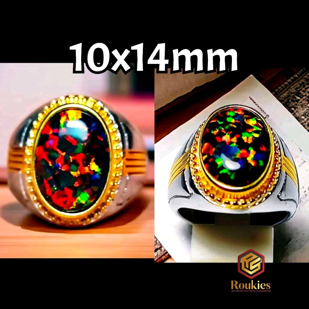 Roukies Cincin Batu Kalimaya Black Opal Ring Titanium Ukuran 10x14mm untuk Jari 7/8/9/10 Bahan Sinte