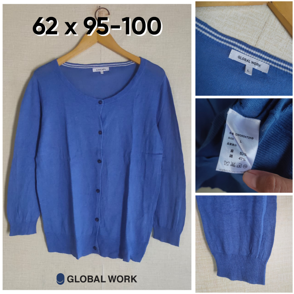 Cardigan Global Work Biru Denim O Neck Size M Fit L Wanita Cardi Rajut