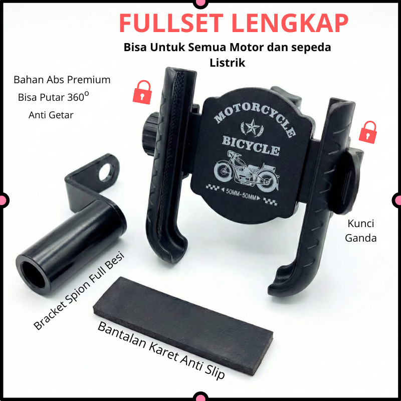 Holder Hp Motor Anti Jambret 360° Rotasi FULLSET Plus Bracket