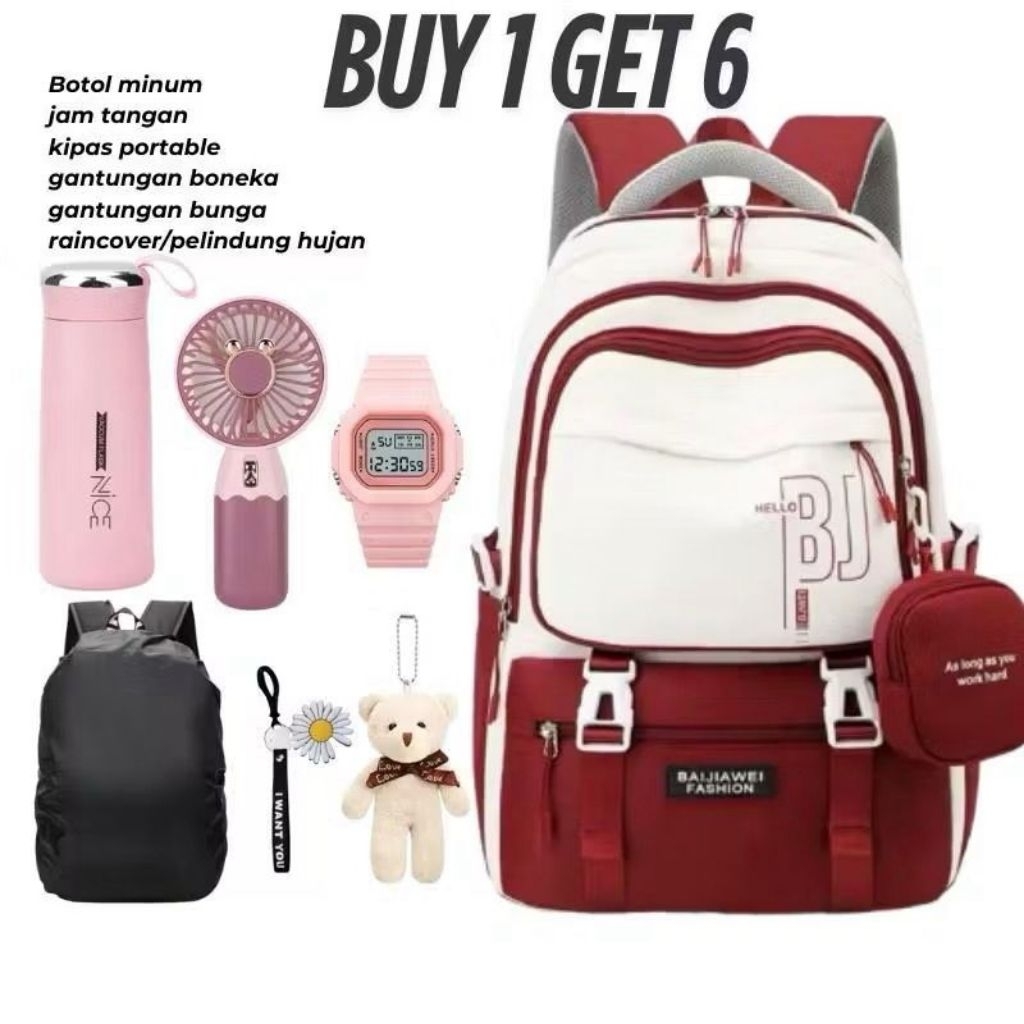 Tas Ransel 7in1 Hello Bj Ransel Anak Sekolah Unisex SD SMP SMA Free Botol Minum+Kipas+Jam+Raincover+