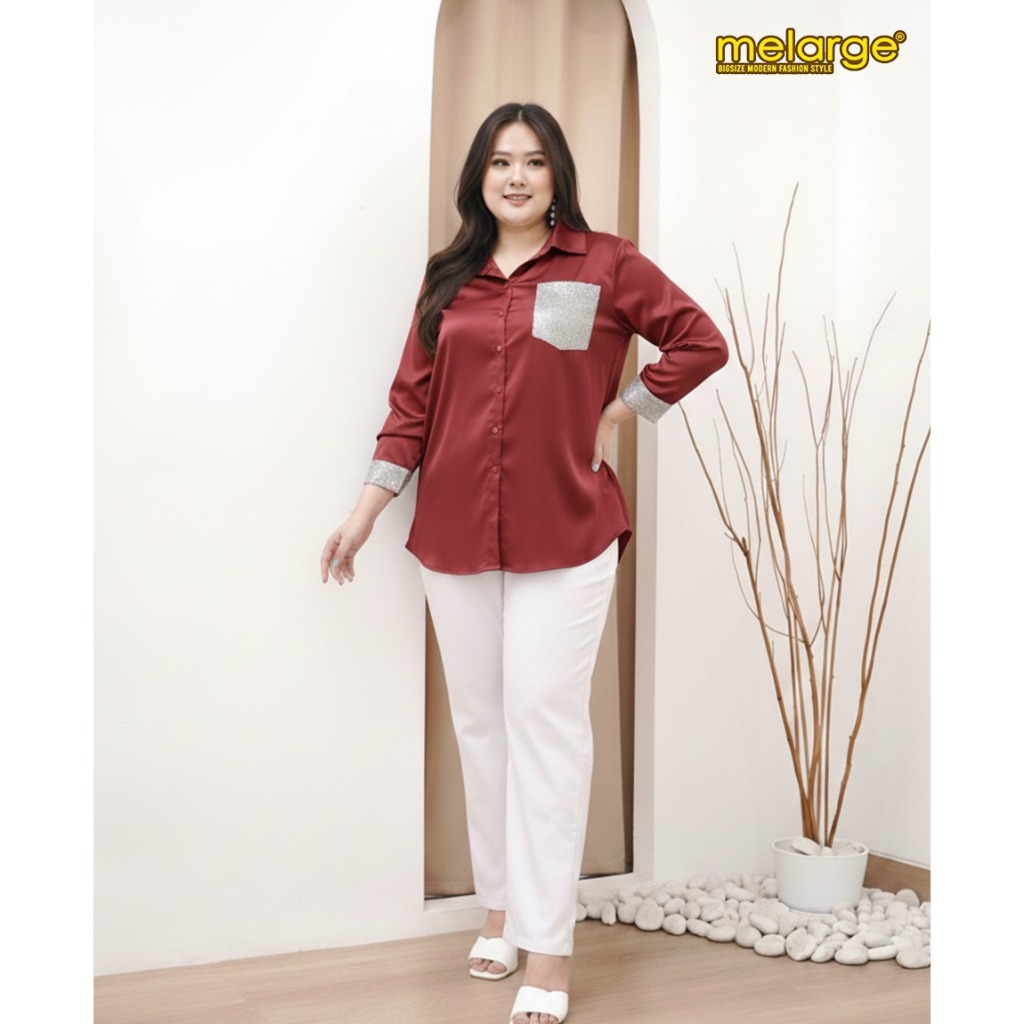 MELARGE - Elizabeth Kemeja Polos Wanita Bigsize Blouse Bahan Saten Satin Premium Atasan Oversize LD 