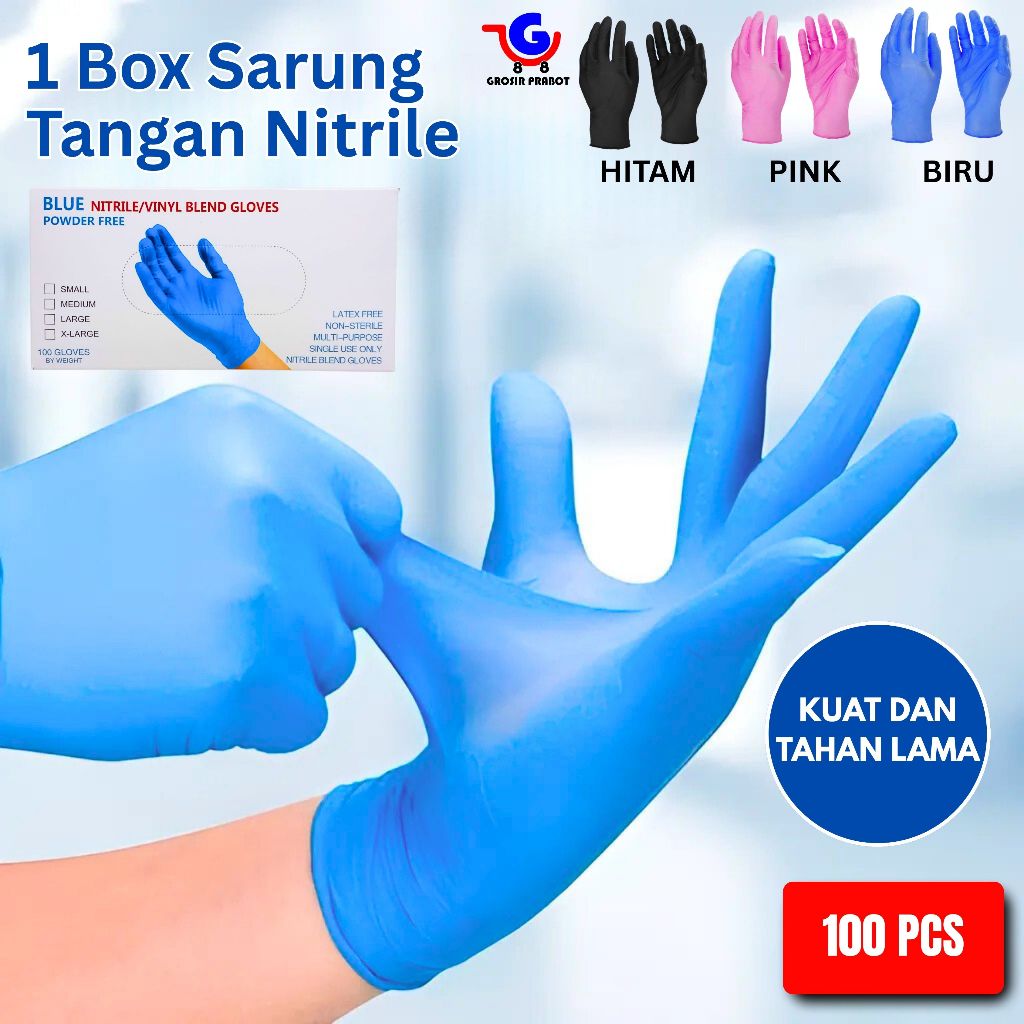 GPM Sarung Tangan Nitril 100 PCS / Safegloves Nitrile Lateks Biru Hitam Pink S-M-L-XL