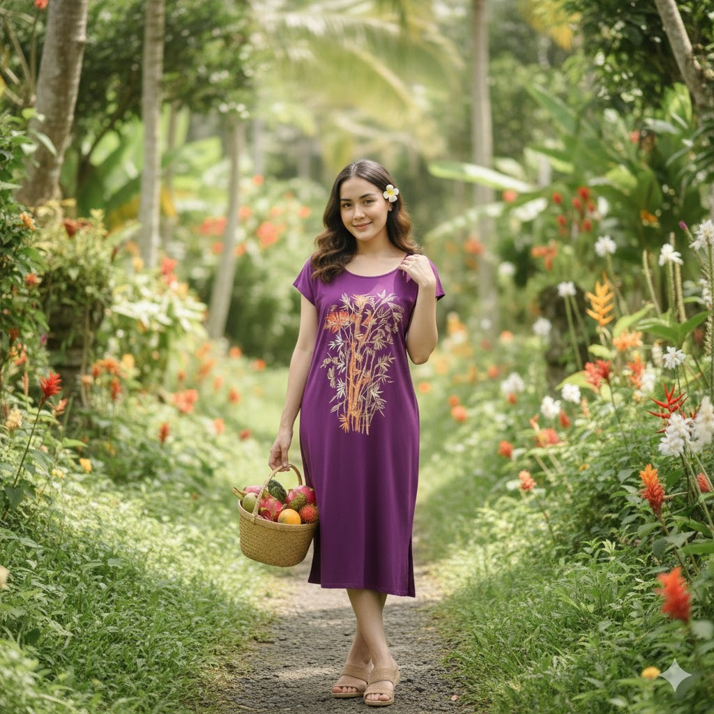 Daster Bali Wanita Motif Bambu Lengan Pendek Midi Dress