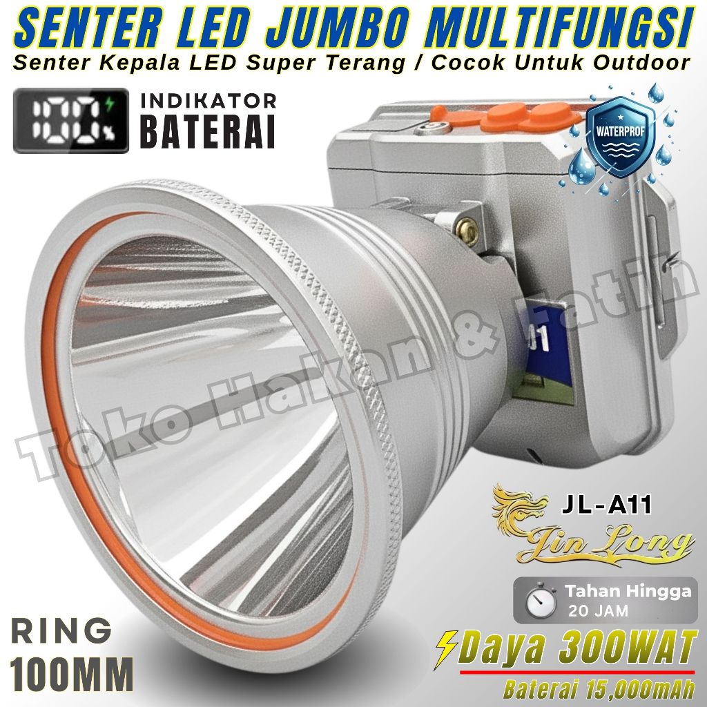Senter kepala led JINLONG JL-A11 , Daya 300wat Baterai 15000mAh Tahan 20jam,Tahan air & dilengkapi d