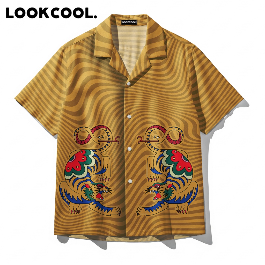 LOOKCOOL Kemeja Pria Motif Harimau Ular Emas Tribal Pendek Premium