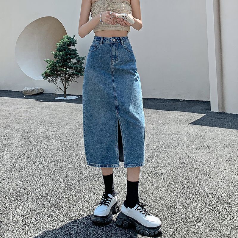 Rok jeans ukuran besar ekstra, rok wanita gaya Korea, rok jeans panjang wanita, rok jeans high waist