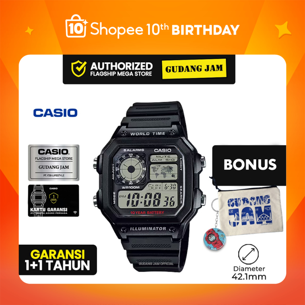 [Shopee Special 10th Birthday] Jam Tangan Casio Pria AE-1200WH-1AVDF Illuminator Digital Dial Black 