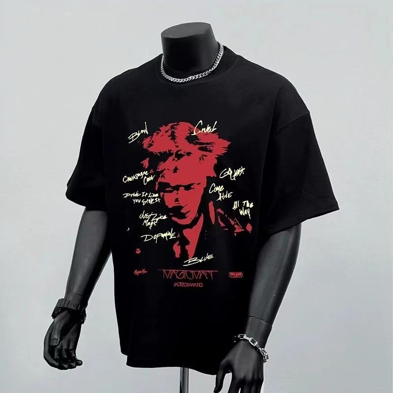 Kaos Katun 100% Unisex Trendi: Gaya Street Amerika Jackson Wang, Desain Team Wang Oversize Nyaman "C