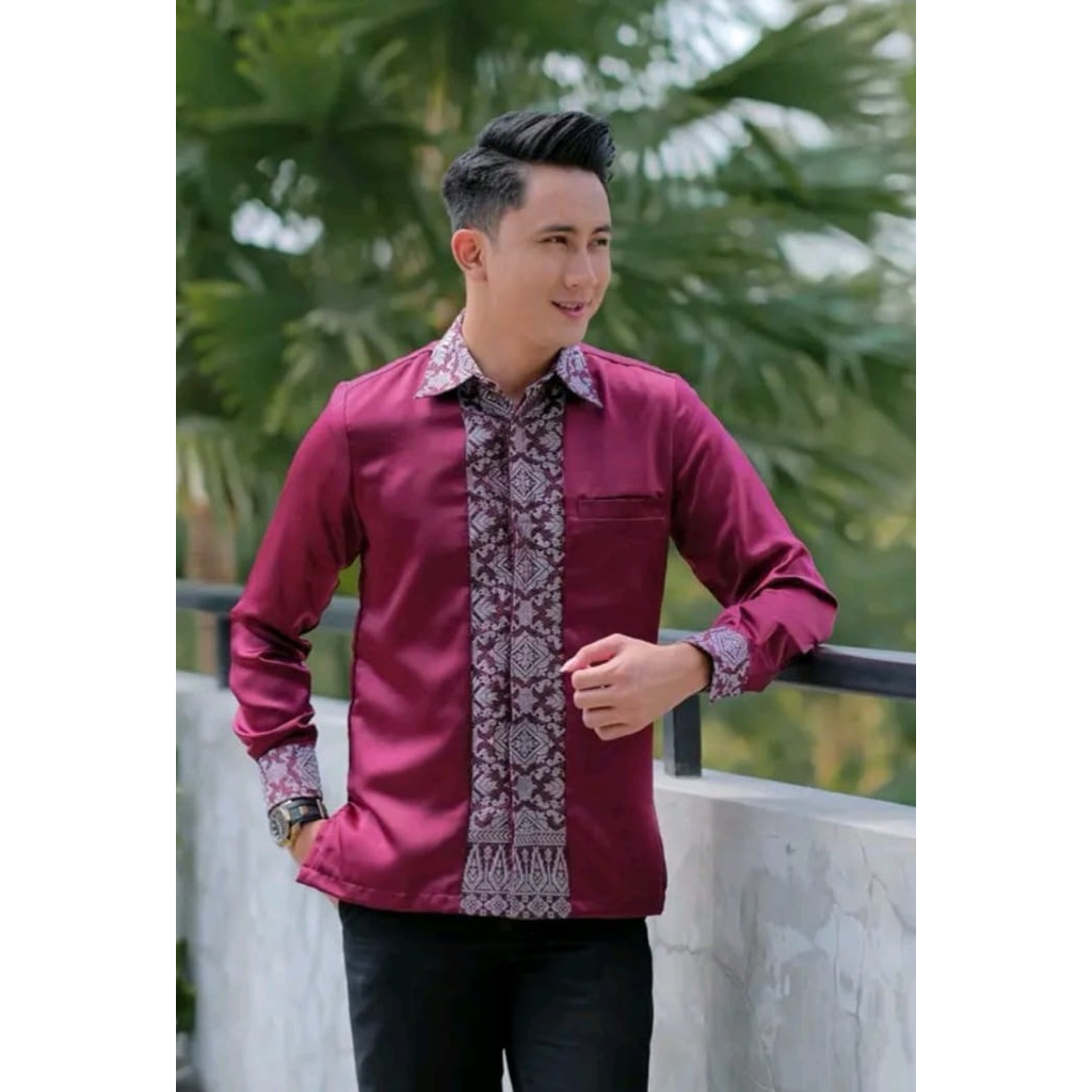 Atasan baju kemeja pria polos variasi songket kemeja pria kondangan elegan