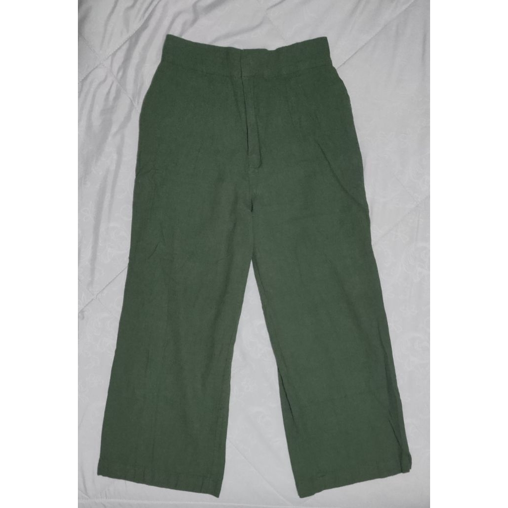Celana Kulot Linen Crinkle Highwaist- Cullote Pants | Wide Leg Olive