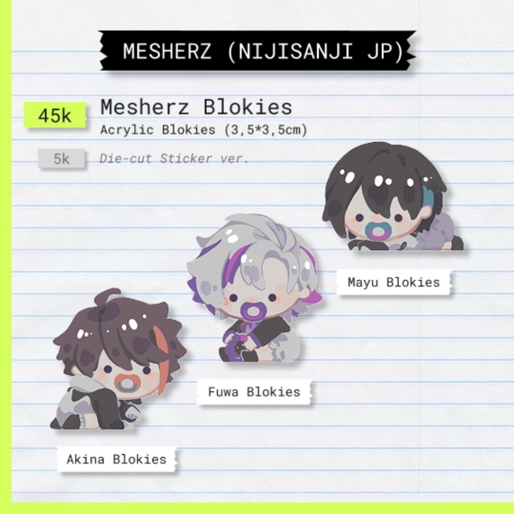 Blockies Akrilik & Stiker Vtuber NijisanjiJP MESHERZ (Fuwa Minato, Fuwagusa Akina, Mayuzumi Kai)