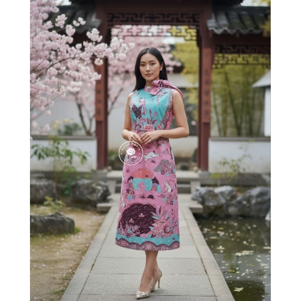 BATIK NONIK tie neck midi long dress batik tulis sleeveless dress wanita cny imlek sincia